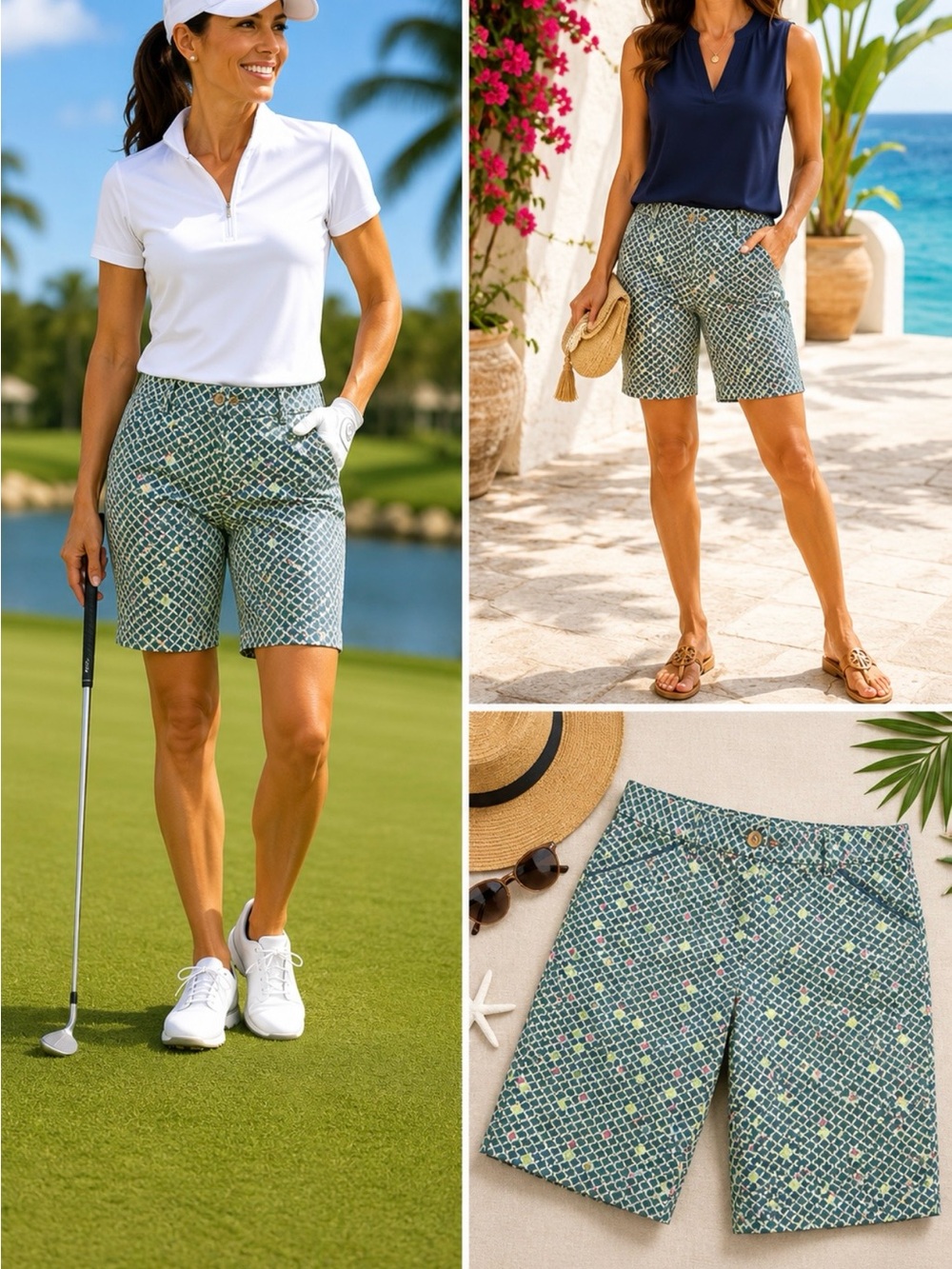 NWT Peter Millar Blue Green Geometric Print Bermuda Shorts Golf Sz 2 🧡